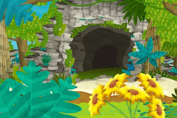 Cartoon background with cave in the jungle - illustration for children