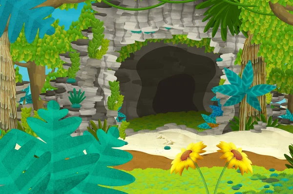 卡通背景与洞穴在丛林 - 插图为儿童 — 图库照片