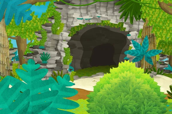 Cartoon background with cave in the jungle - illustration for children