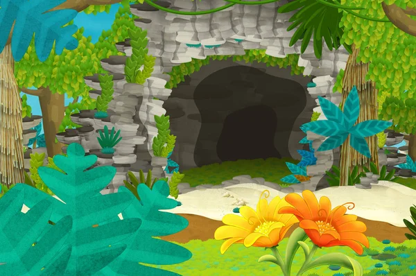 Cartoon background with cave in the jungle - illustration for children