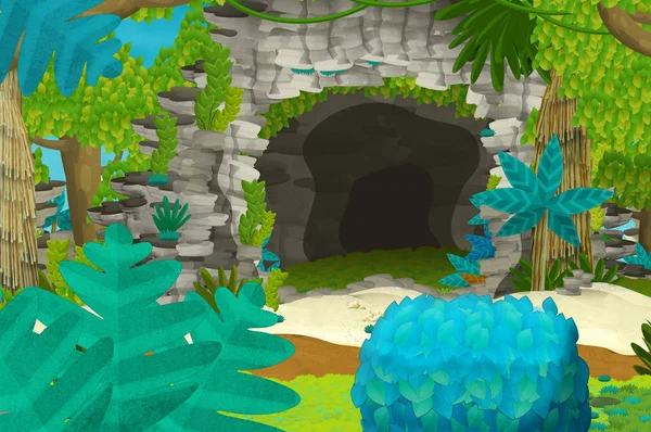Sfondo cartone animato con grotta nella giungla con diversi elementi floreali - illustrazione per bambini — Foto Stock
