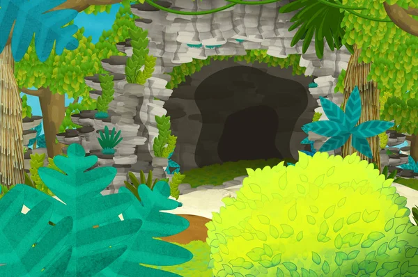 Cartoon background with cave in the jungle with different floral elements - illustration for children