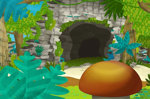 Cartoon background with cave in the jungle with different floral elements - illustration for children