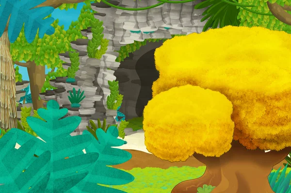 Cartoon background with cave in the jungle - illustration for children