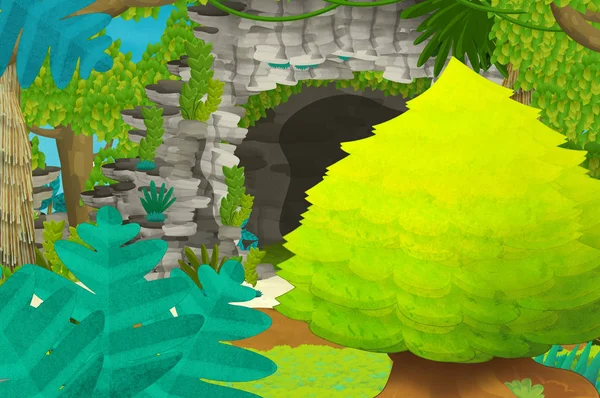 Cartoon background with cave in the jungle - illustration for children — Stock Photo, Image