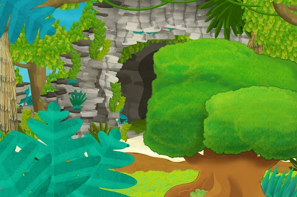 Kreslené pozadí s jeskyní v džungli-ilustrace pro děti — Stock fotografie