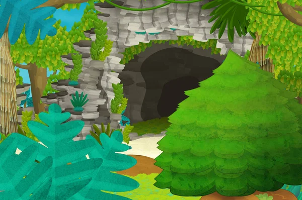 Cartoon background with cave in the jungle - illustration for children