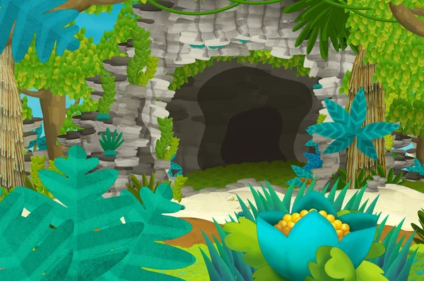 Cartoon background with cave in the jungle - illustration for children — Stock Photo, Image