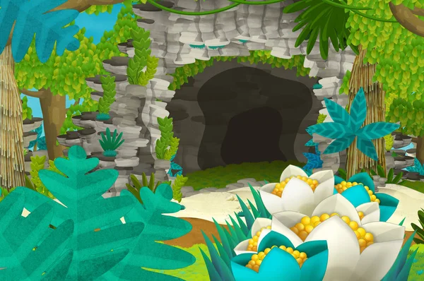 Cartoon background with cave in the jungle - illustration for children — Stock Photo, Image