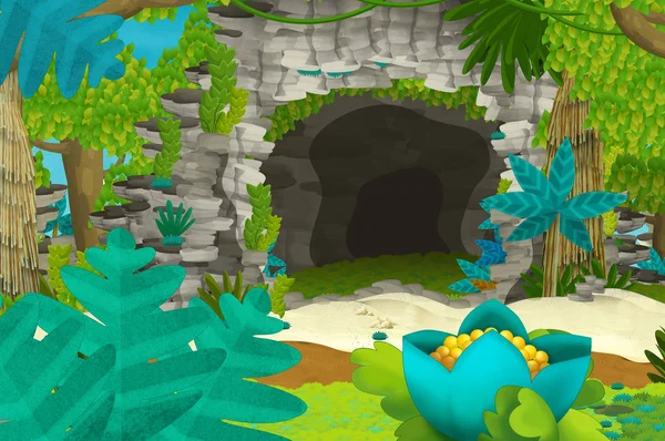 Sfondo cartone animato con grotta nella giungla - illustrazione per bambini — Foto Stock