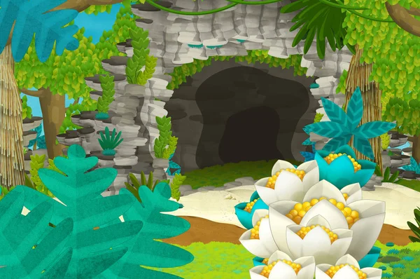 Cartoon background with cave in the jungle - illustration for children — Stock Photo, Image