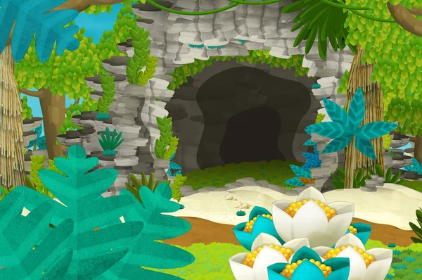 Cartoon background with cave in the jungle - illustration for children — Stock Photo, Image