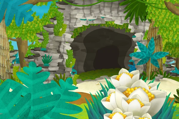 Sfondo cartone animato con grotta nella giungla - illustrazione per bambini — Foto Stock