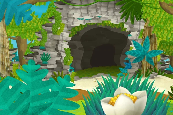 Cartoon background with cave in the jungle - illustration for children — Stock Photo, Image