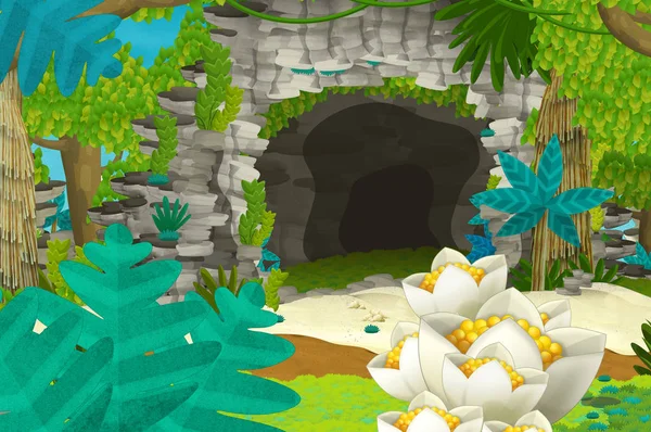 Cartoon background with cave in the jungle - illustration for children — Stock Photo, Image