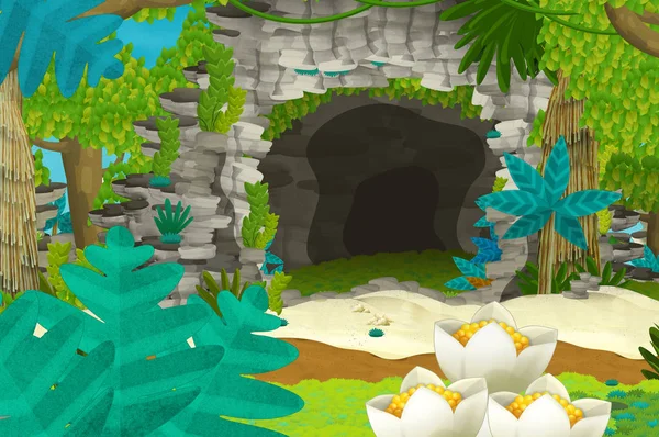 Cartoon background with cave in the jungle - illustration for children — Stock Photo, Image