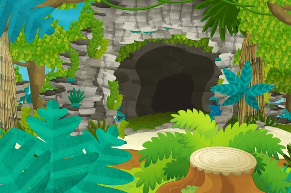 Cartoon background with cave in the jungle - illustration for children — Stock Photo, Image