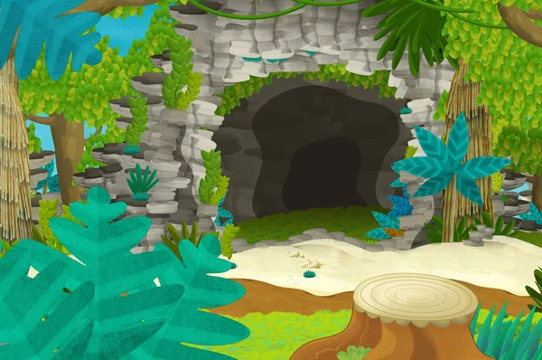 Fondo de dibujos animados con cueva en la selva - ilustración para niños —  Fotos de Stock