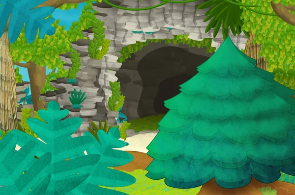 Fondo de dibujos animados con cueva en la selva - ilustración para niños —  Fotos de Stock