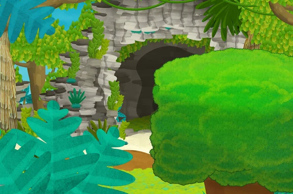 Cartoon background with cave in the jungle - illustration for children