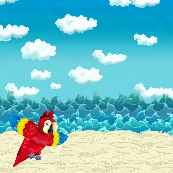 Cartoon scena plaży w pobliżu morza lub oceanu z szczęśliwą papuga - — Zdjęcie stockowe