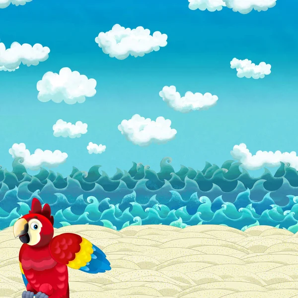 Cartoon scene of beach near the sea or ocean with happy parrot - — Stock Photo, Image