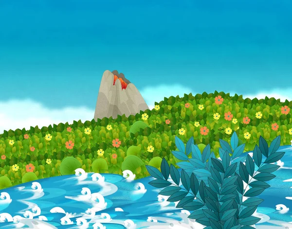 Escena de dibujos animados con arroyo o río cerca de alguna selva y volcán activo sin nadie en el escenario - ilustración para niños —  Fotos de Stock