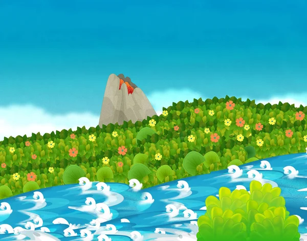 Escena de dibujos animados con arroyo o río cerca de alguna selva y volcán activo sin nadie en el escenario - ilustración para niños — Foto de Stock