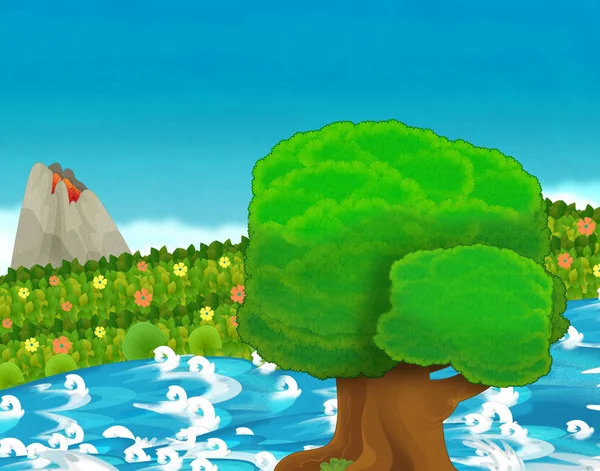 cartoon scene with stream or river near some jungle and active volcano with nobody on the stage - illustration for children