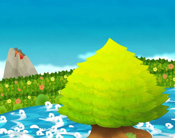 cartoon scene with stream or river near some jungle and active volcano with nobody on the stage - illustration for children