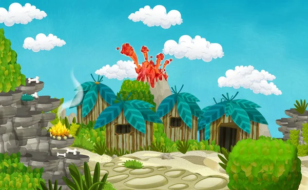 Zeichentrick-Höhlenmenschen-Dorfszene mit Vulkan im Hintergrund - Illustration für Kinder — Stockfoto