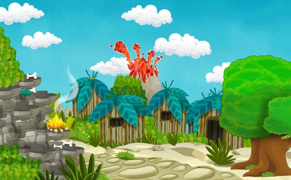 cartoon cavemen village scene with volcano in the background - illustration for children