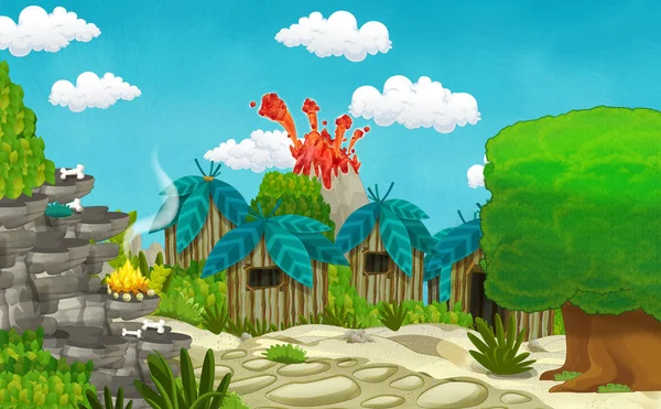 Zeichentrick-Höhlenmenschen-Dorfszene mit Vulkan im Hintergrund - Illustration für Kinder — Stockfoto