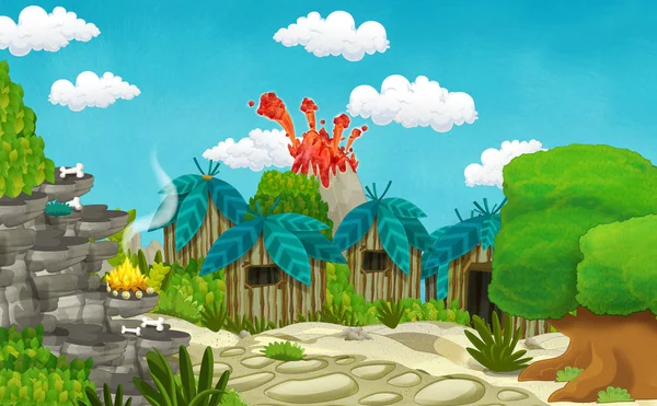 cartoon cavemen village scene with volcano in the background - illustration for children