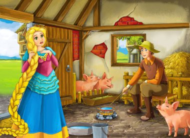 Çocuklar için ahır pigsty illüstrasyon prenses ve çiftçi çiftlik sahibi ile Karikatür sahne