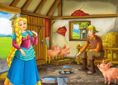 Çocuklar için ahır pigsty illüstrasyon prenses ve çiftçi çiftlik sahibi ile Karikatür sahne