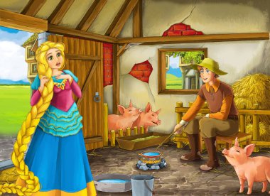 Çocuklar için ahır pigsty illüstrasyon prenses ve çiftçi çiftlik sahibi ile Karikatür sahne