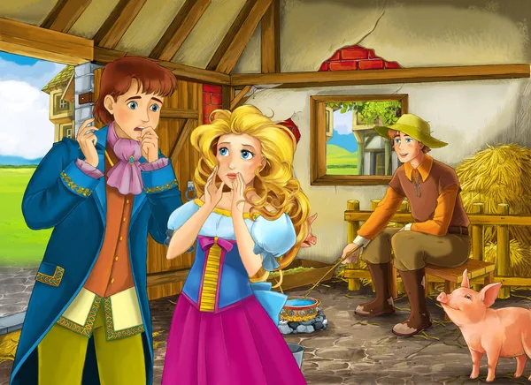 Zeichentrickszene mit Prinzessin und Prinz oder König und Bauer im Schweinestall Illustration für Kinder — Stockfoto