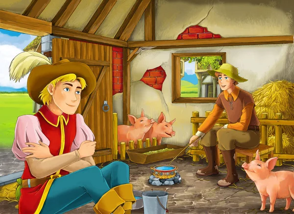 Cena dos desenhos animados com príncipe ou rei e fazendeiro na ilustração pocilga do celeiro para crianças — Fotografia de Stock
