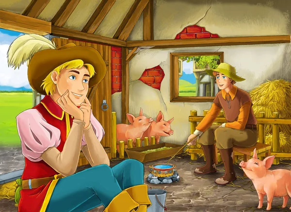 Kreslená scéna s princem nebo králem a farmářem v chlívě ve stodole pro děti — Stock fotografie