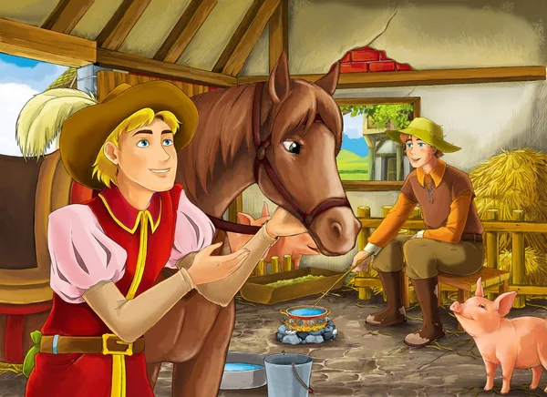 Karikatúra jelenet herceg vagy király és a gazda farmer a pajtában disznóól illusztráció gyerekeknek — Stock Fotó