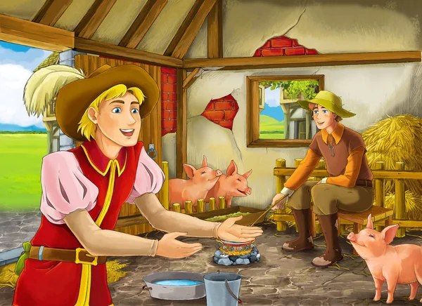 Мультфильм-сцена с принцем или королем и фермерским ранчо в амбарном свинарнике иллюстрация для детей — стоковое фото