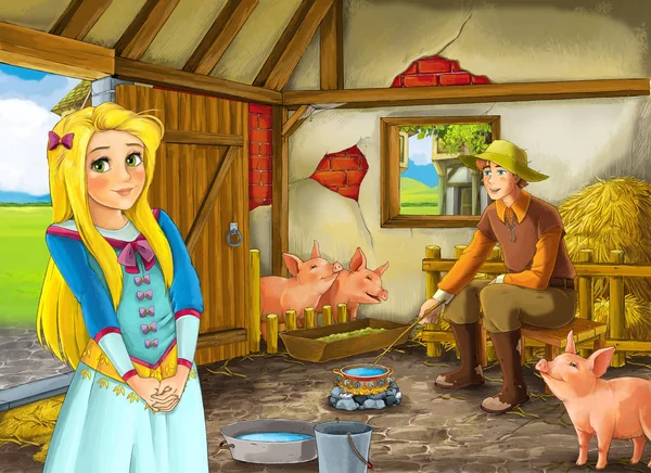 Cartoon scene with princess and farmer rancher in the barn pigsty illustration for children — Stock Photo, Image