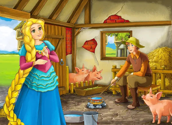 Tecknad scen med prinsessan och bonde ranchägare i ladan svinstia illustration för barn — Stockfoto