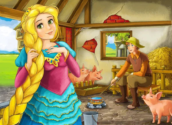 Çocuklar için ahır pigsty illüstrasyon prenses ve çiftçi çiftlik sahibi ile Karikatür sahne — Stok fotoğraf