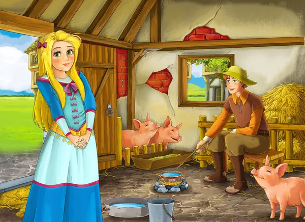 Cartoon scene with princess and farmer rancher in the barn pigsty illustration for children — Stock Photo, Image