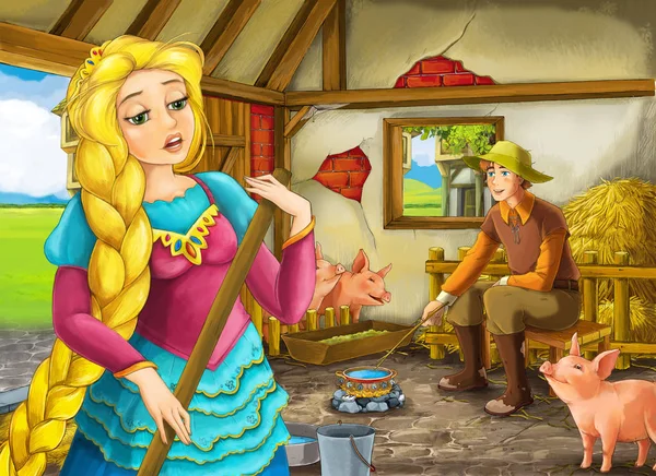 Kreslená scéna s princeznou a farmářskou ránou v chlévském vyobrazení pro děti — Stock fotografie