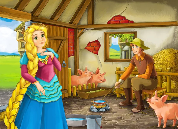 Cartoon scene with princess and farmer rancher in the barn pigsty illustration for children — Stock Photo, Image