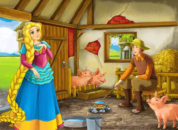 Cartoon scene with princess and farmer rancher in the barn pigsty illustration for children — Stock Photo, Image