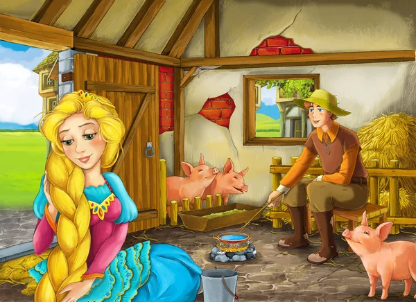Scena dei cartoni animati con principessa e contadino allevatore nel fienile illustrazione porcile per bambini — Foto Stock